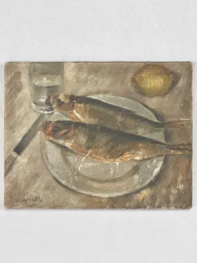 1950s still life painting - fish with lemon 11" x 14¼"