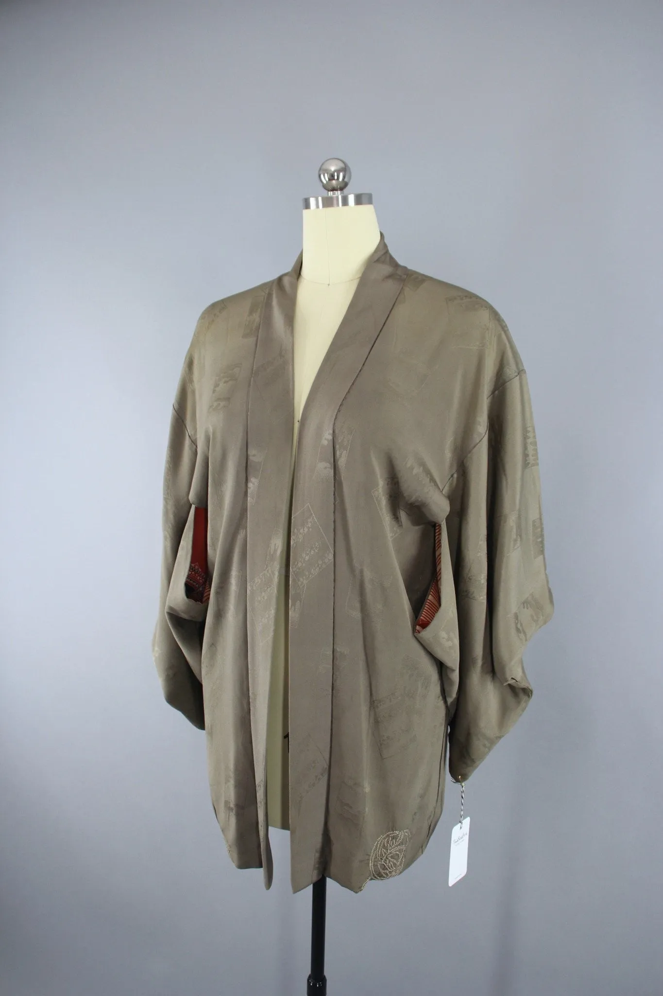 1950s Vintage Silk Haori Kimono Jacket Cardigan / Khaki Olive Green Shibori