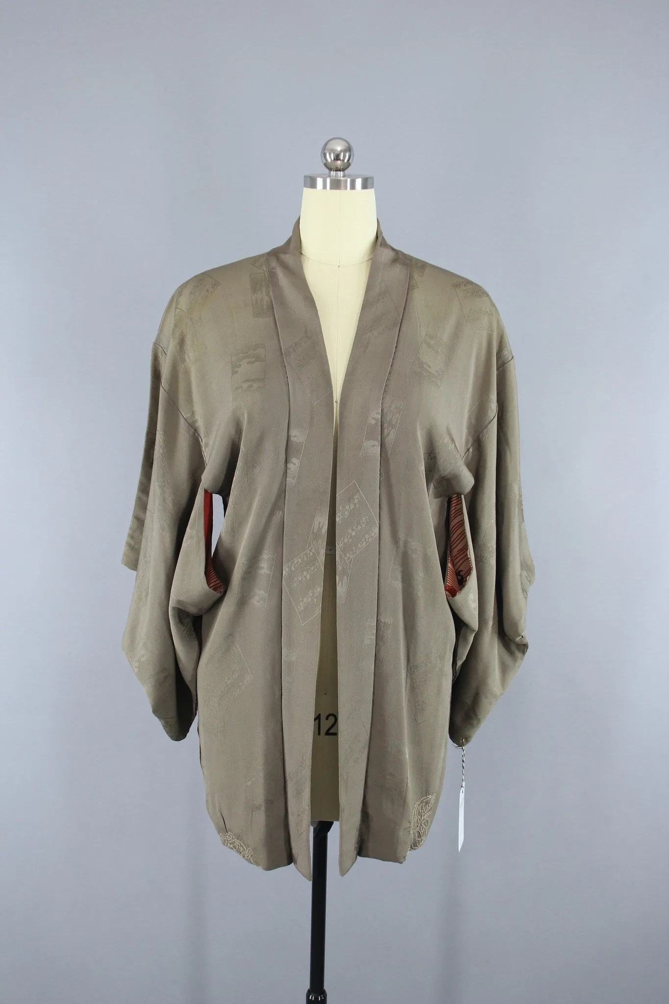 1950s Vintage Silk Haori Kimono Jacket Cardigan / Khaki Olive Green Shibori