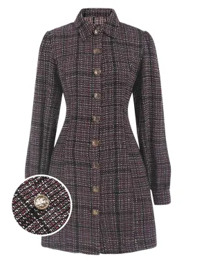 1960s Shirt Collar Lantern Sleeve Plaids Dress