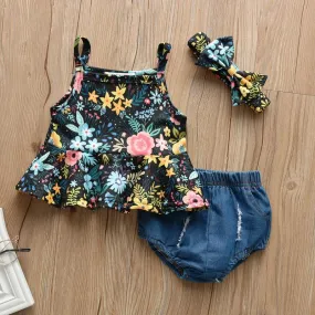 3-piece Floral Printed Dress & Shorts & Headband for Baby Girl Wholesale children's clothing