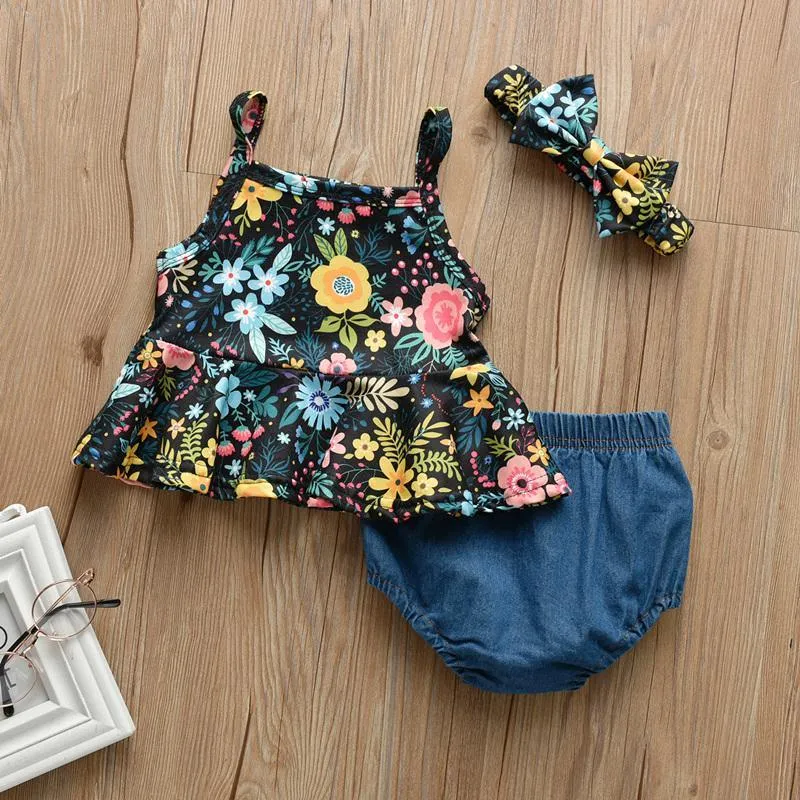 3-piece Floral Printed Dress & Shorts & Headband for Baby Girl Wholesale children's clothing