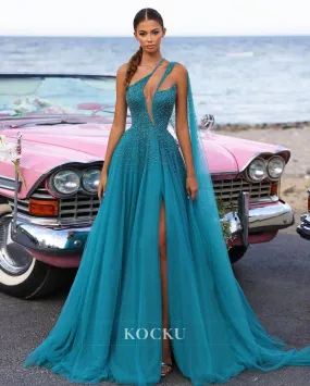 A-Line Asymmetrical Prom Dress Sleeveless High Split Lace Evening Gown with Train