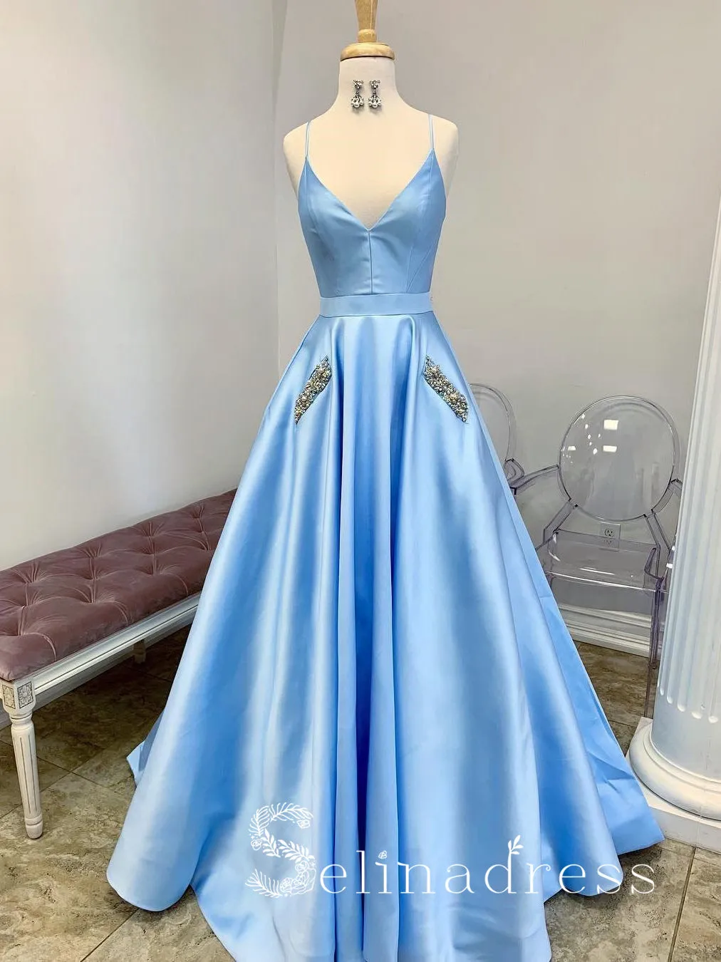 A-line Blue Spaghetti Straps Affordable Prom Dresses With Pocket Long Formal Evening Gowns SED146