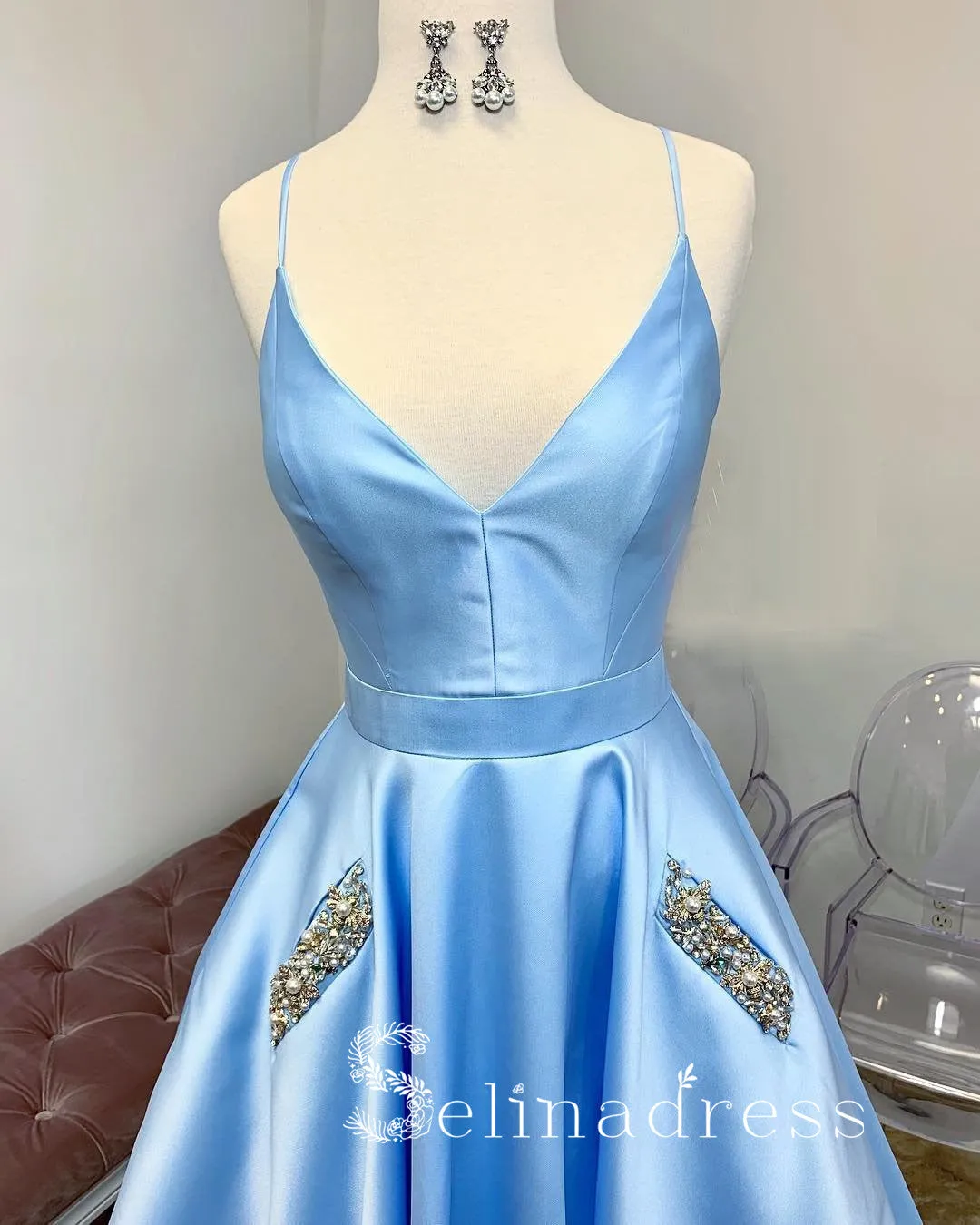 A-line Blue Spaghetti Straps Affordable Prom Dresses With Pocket Long Formal Evening Gowns SED146