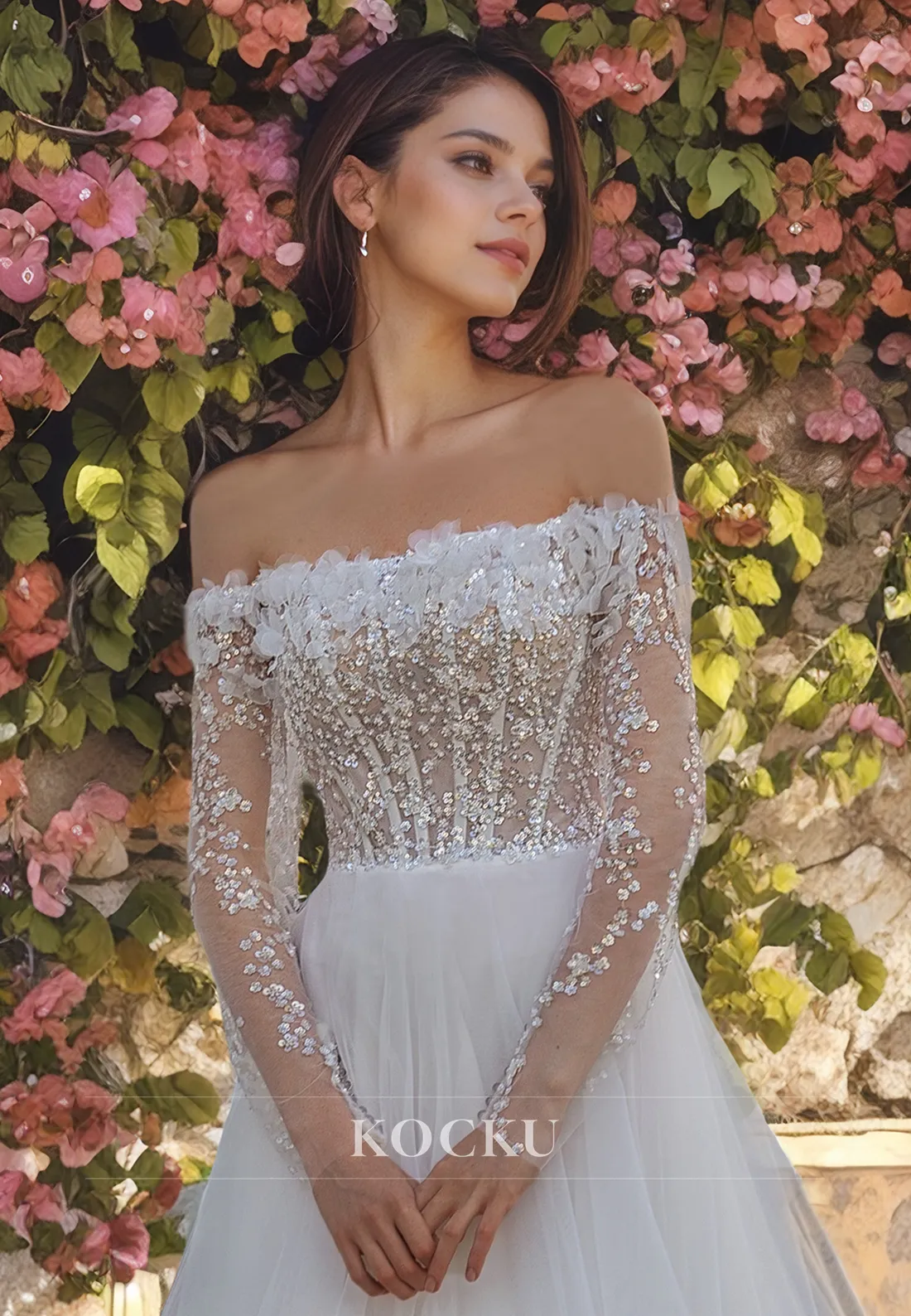 A Line Off-Shoulder Lace Wedding Gowns with Train Bridal Dress