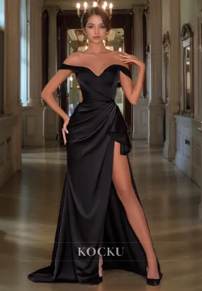 A-Line Off-Shoulder Prom Dress High Slit Sleevelss Evening Dress with Pleats