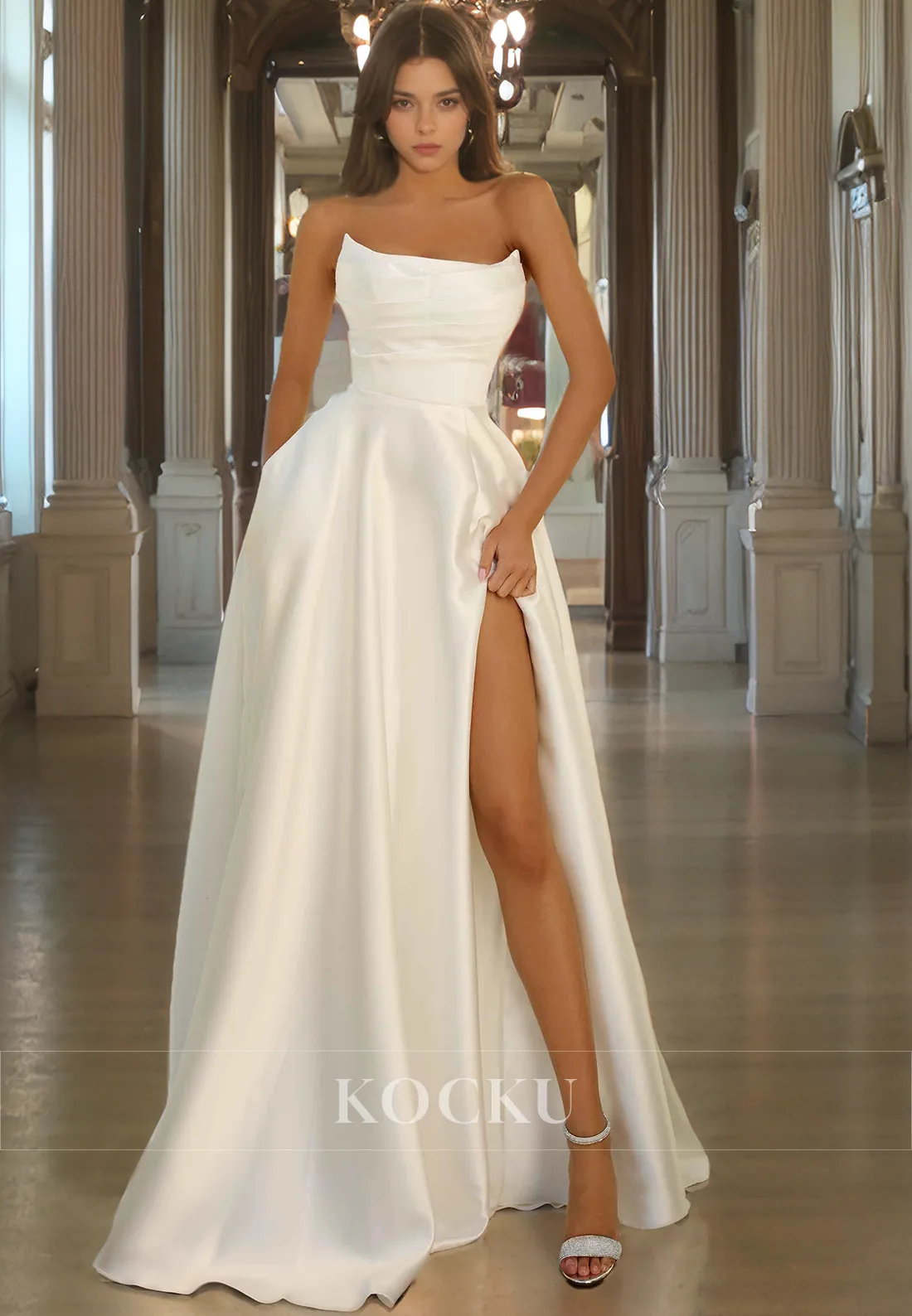 A-Line Strapless Satin High Slit Pleats Floor-Length Prom Dress Evening Party