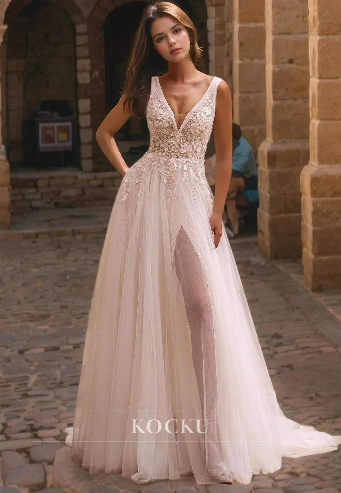 A-Line V-Neck Boho Wedding Dress High Split Lace Beach Wedding Dress with Train