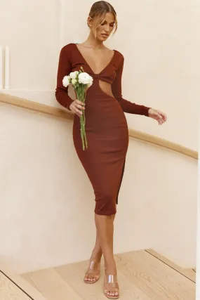 Acapulco Long Sleeve Cut-Out Waist Side Split Midi Dress Chocolate