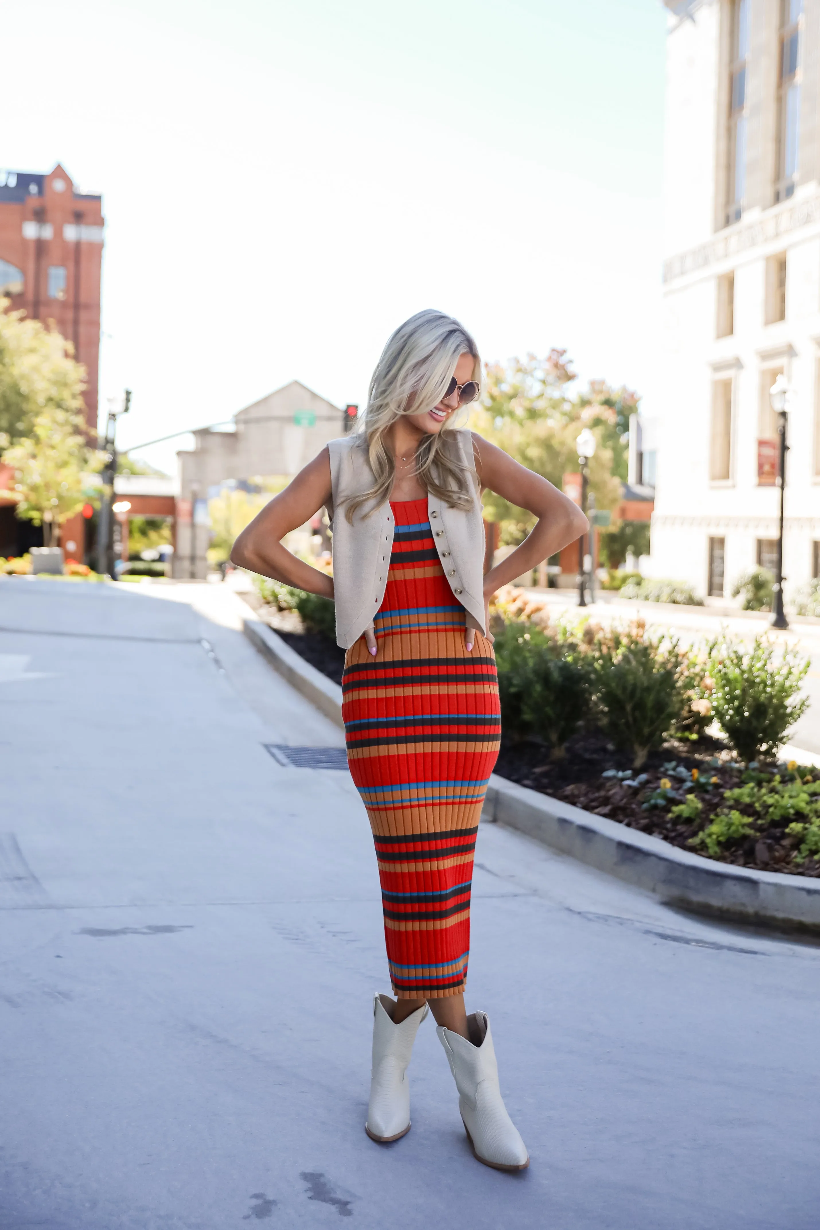 Adorable Intentions Taupe Striped Knit Midi Dress