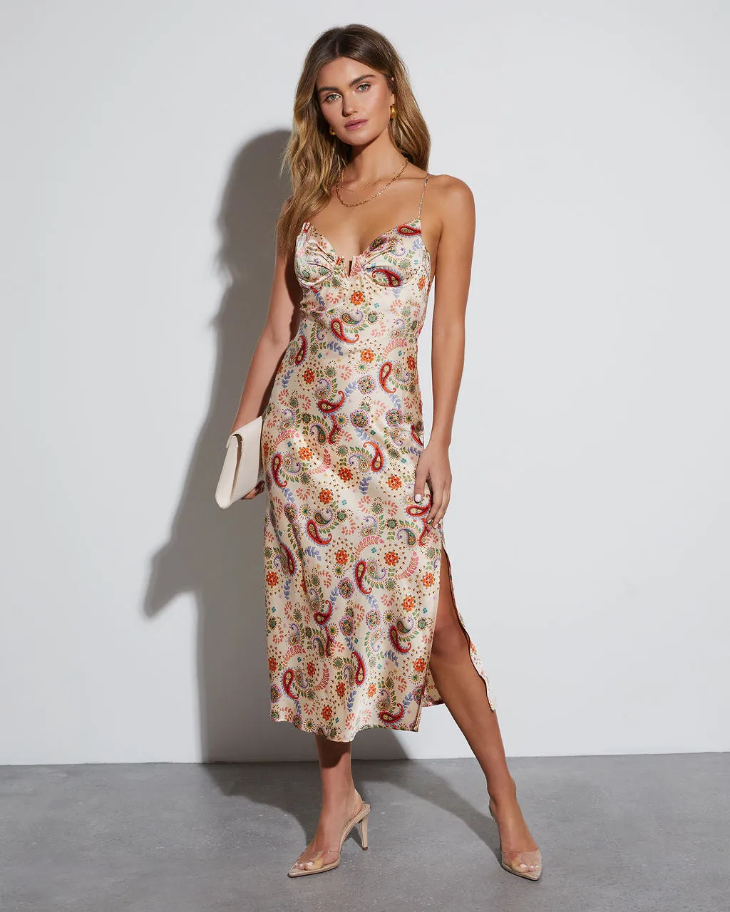 Aiko Printed Satin Slip Midi Dress