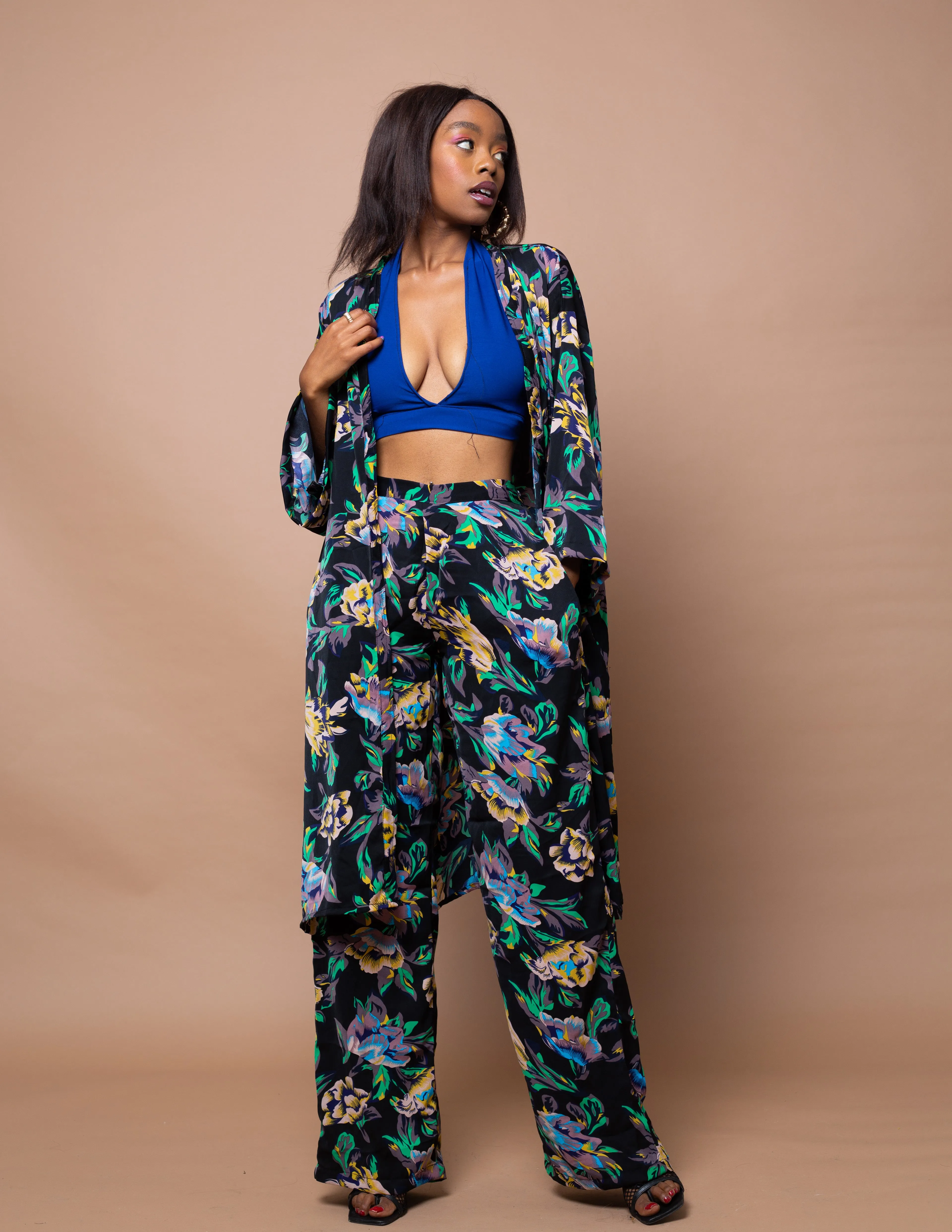 Akunna Long Kimono Jacket | Black and Green Multicoloured Floral print