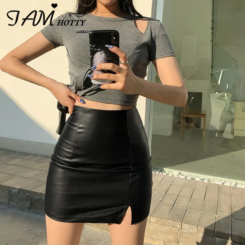 Amozae  Black Split Mini Black Leather Skirt Women Korean Fashion High-waisted Punk Style Bodycon Goth   Skirts Female