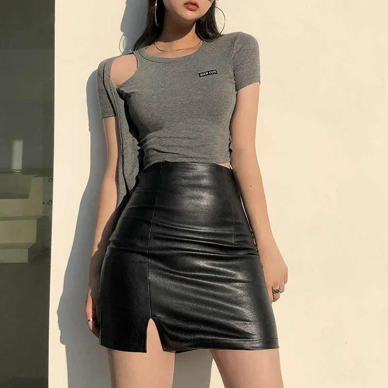 Amozae  Black Split Mini Black Leather Skirt Women Korean Fashion High-waisted Punk Style Bodycon Goth   Skirts Female