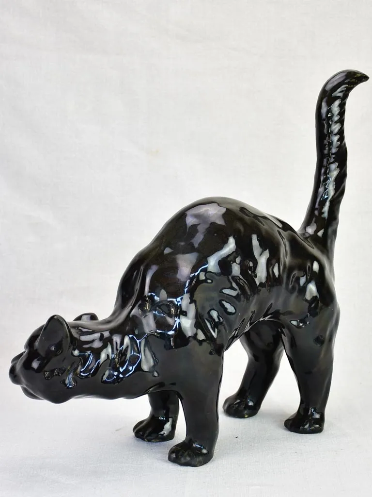 Antique French black cat - roof sculpture attributed to La Poterie du Mesnil de Bavent 15¼"