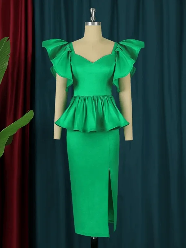 AOMEI Green Midi Peplum Ruffles Shiny Dress