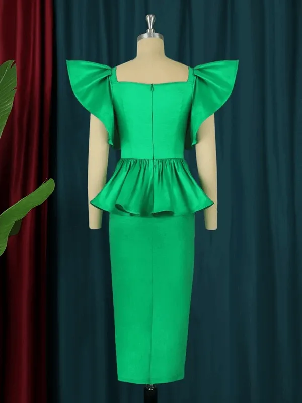 AOMEI Green Midi Peplum Ruffles Shiny Dress