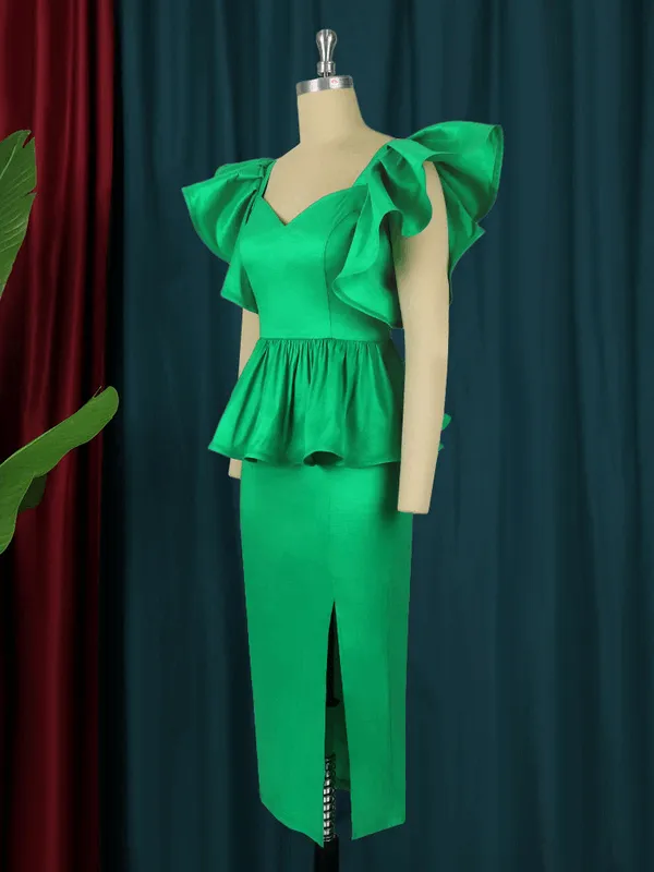 AOMEI Green Midi Peplum Ruffles Shiny Dress