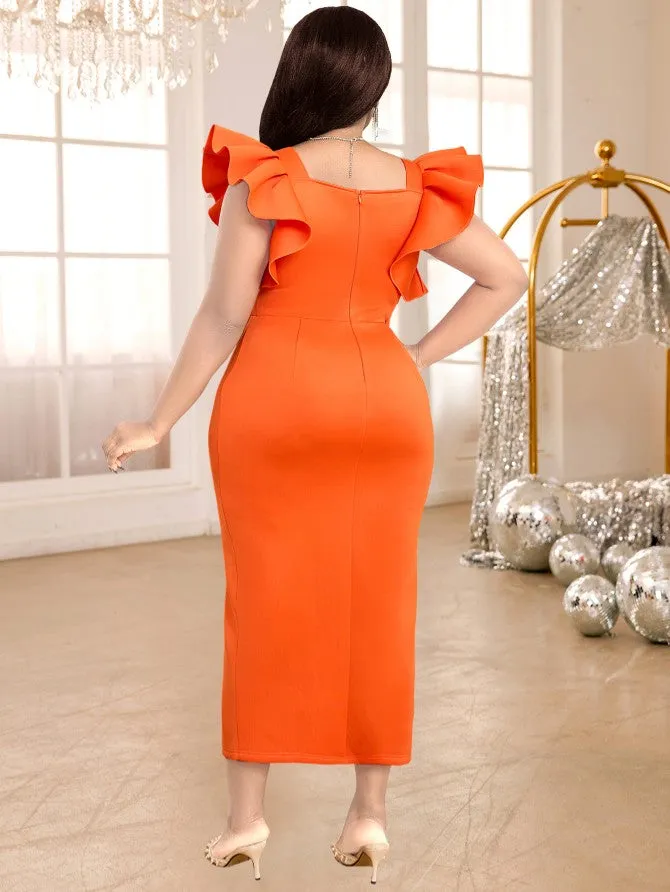 AOMEIDRESS Bodycon Orange Dress Square Collar Flying Sleeve Beading