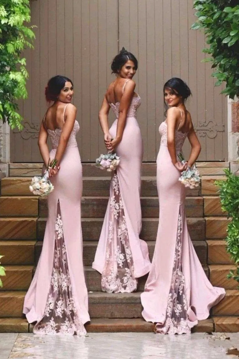 B4314 - Sweetheart Spaghetti Straps Lace Satin Mermaid Long Bridesmaid Dress