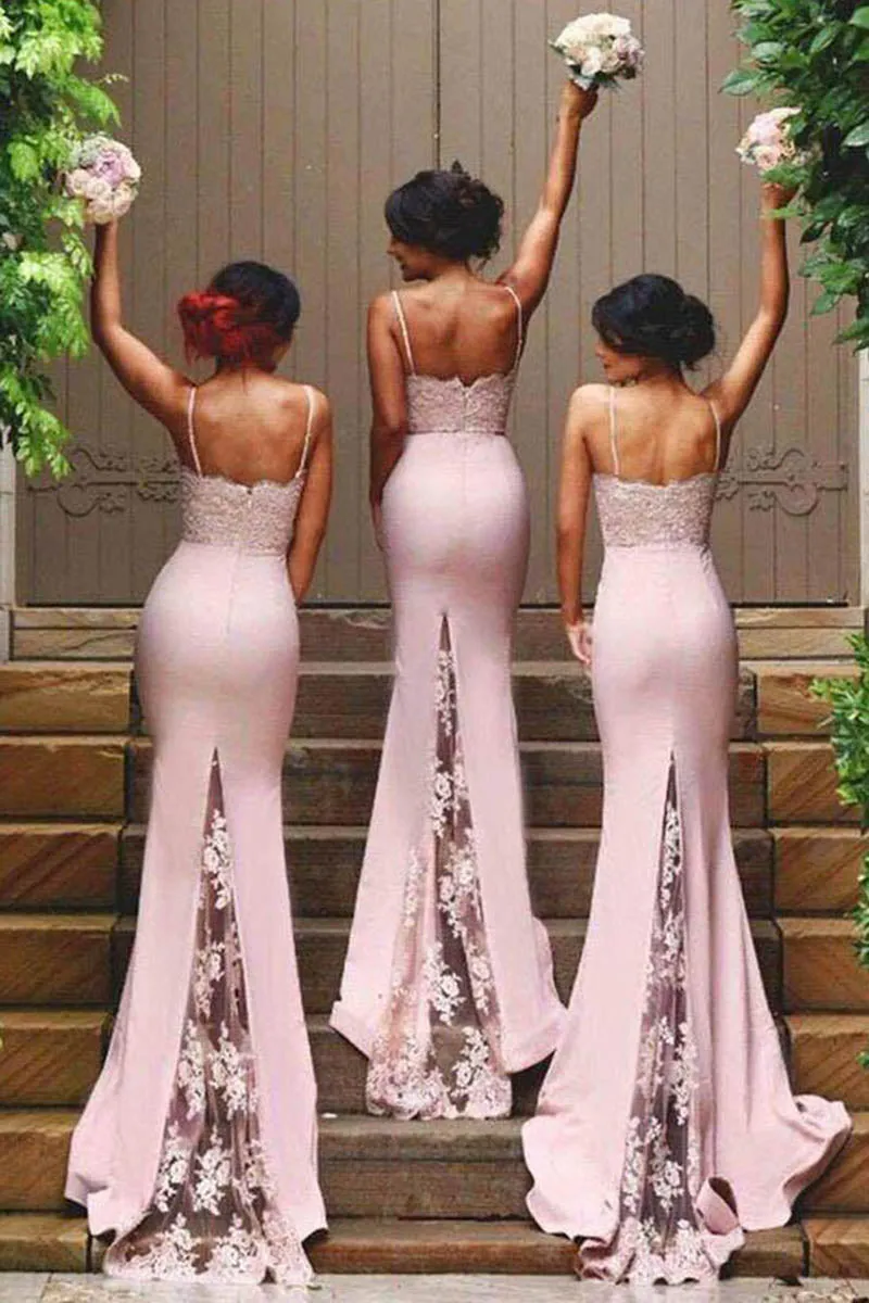 B4314 - Sweetheart Spaghetti Straps Lace Satin Mermaid Long Bridesmaid Dress