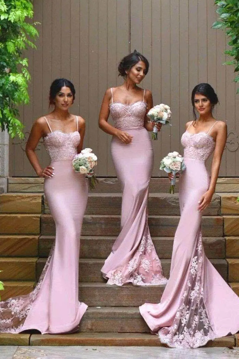 B4314 - Sweetheart Spaghetti Straps Lace Satin Mermaid Long Bridesmaid Dress