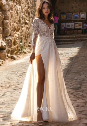 Beach Wedding Dress A-Line V-Neck Long Sleeves High Split Lace Bridal Dress with Train