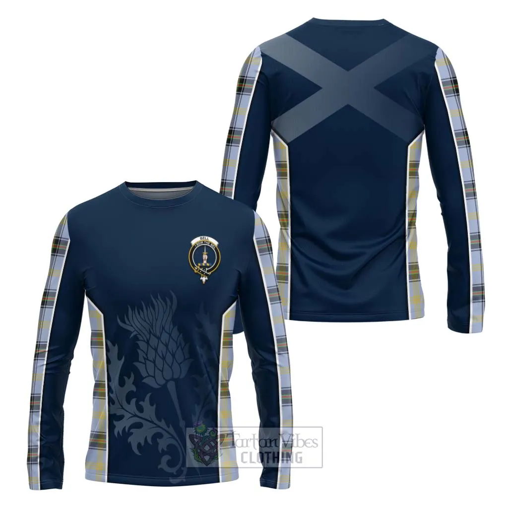 Bell Tartan Long Sleeve T-Shirt with Family Crest and Scottish Thistle Vibes Sport Style