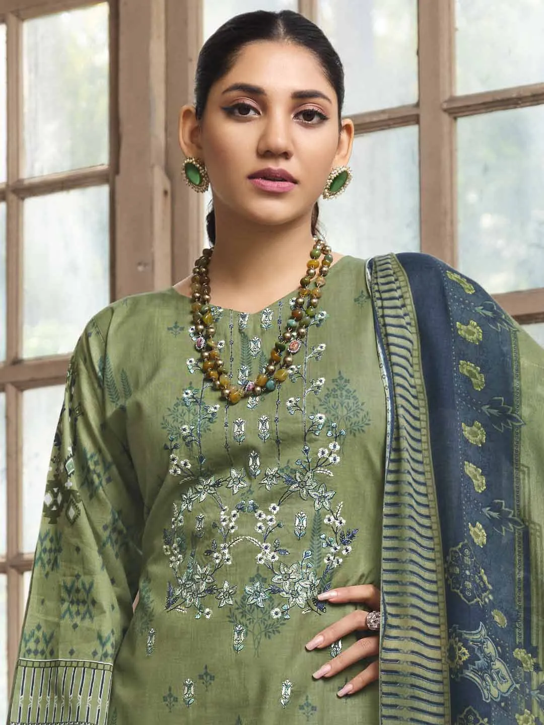 Belliza Cotton Pakistani Print Unstitched Women Suit Material Green