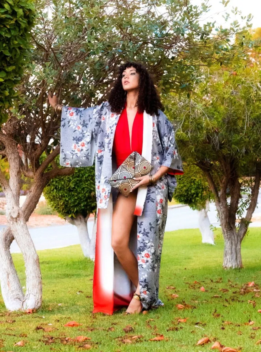 Black and White Vintage Silk Kimono with Red Magnolia