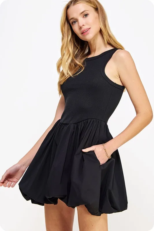 Black Knit Contrast Balloon Poplin Mini Dress