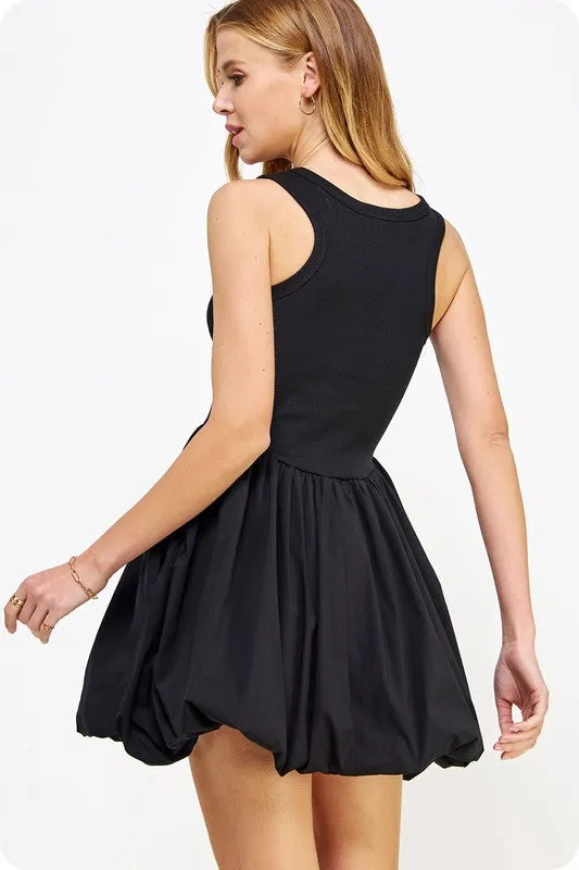 Black Knit Contrast Balloon Poplin Mini Dress