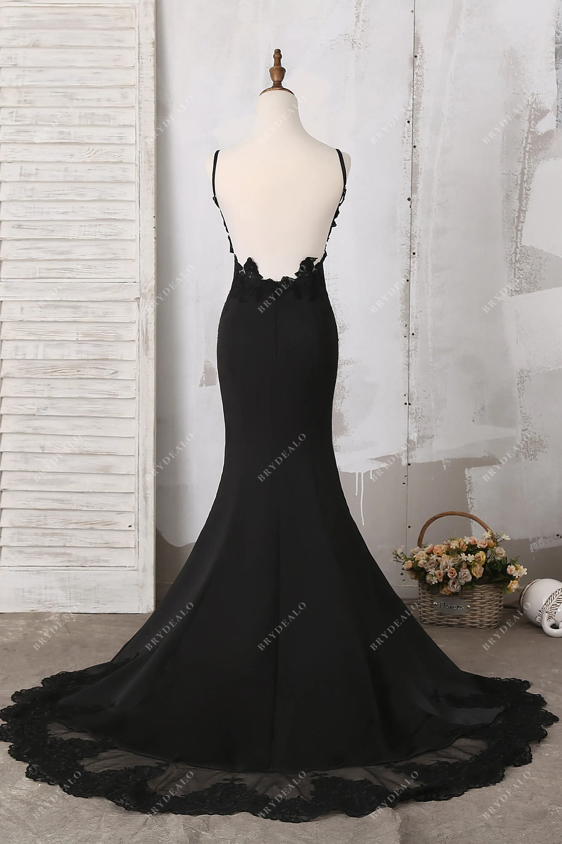 Black Lace Open Back Sleeveless Satin Mermaid Formal Dress