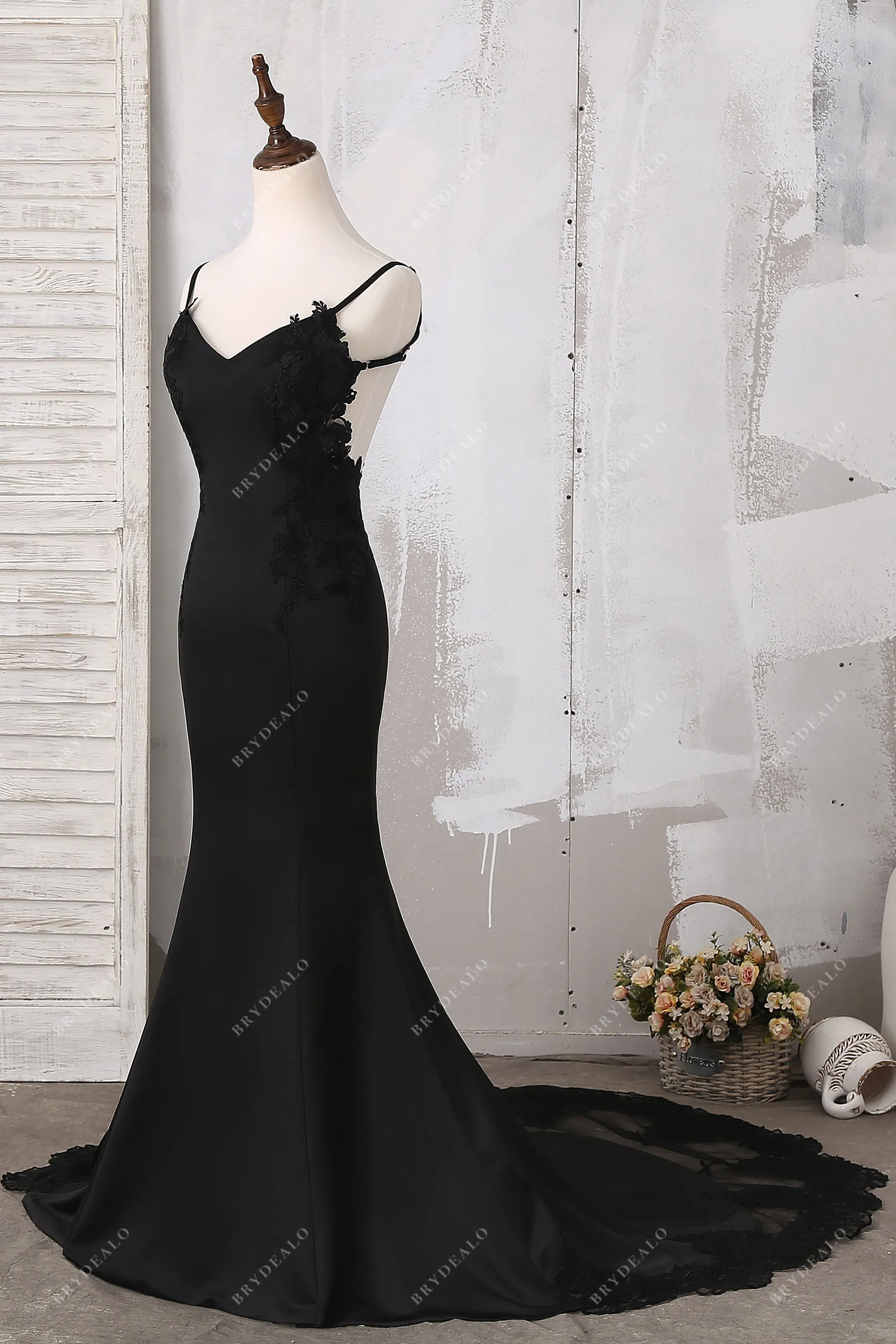 Black Lace Open Back Sleeveless Satin Mermaid Formal Dress