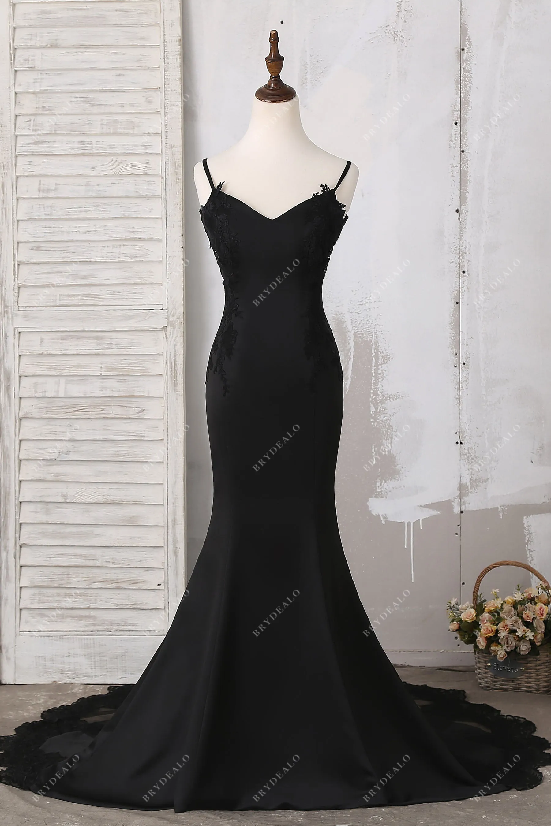 Black Lace Open Back Sleeveless Satin Mermaid Formal Dress