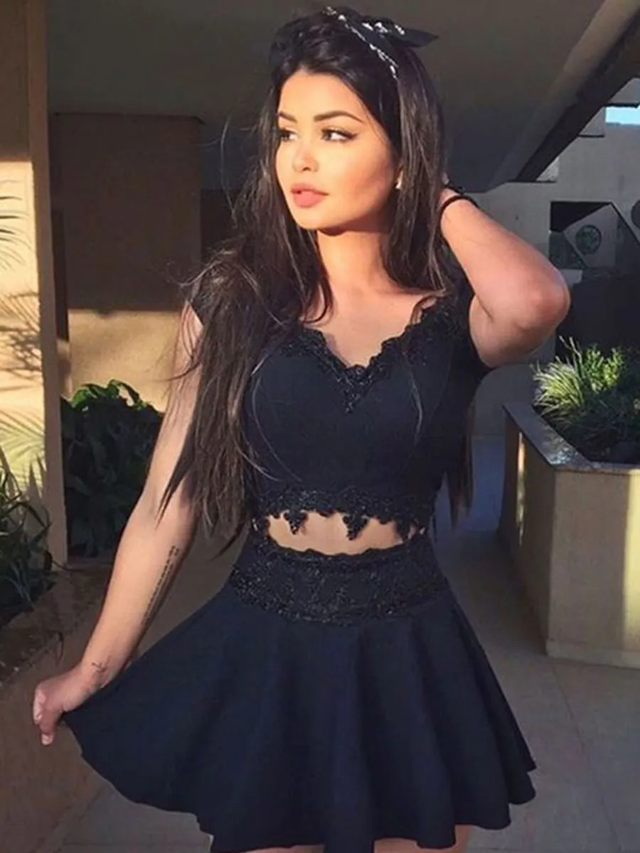 Black lace two pieces short prom dress, black lace homecoming dress