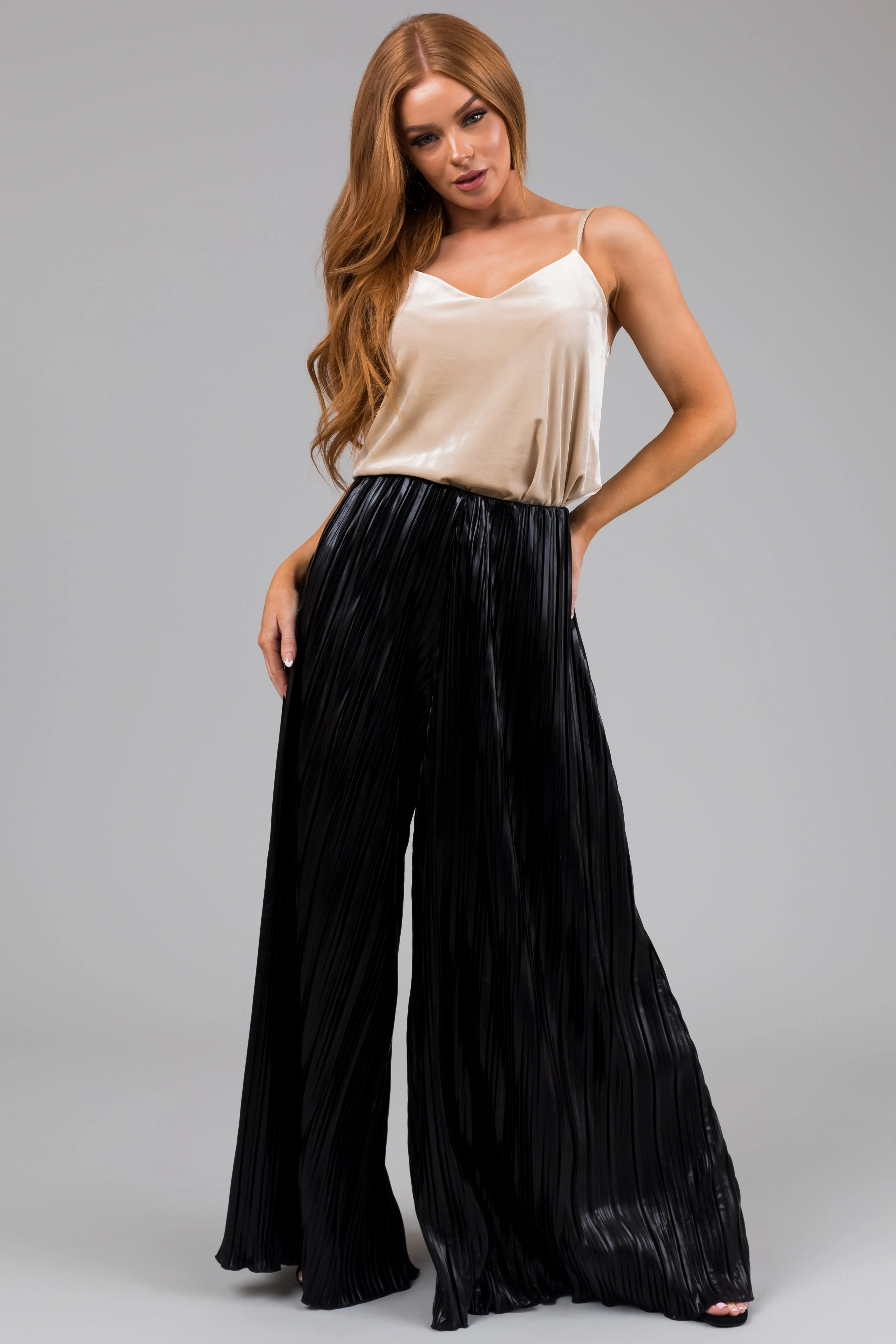 Black Metallic Pleated Flare High Waist Pants