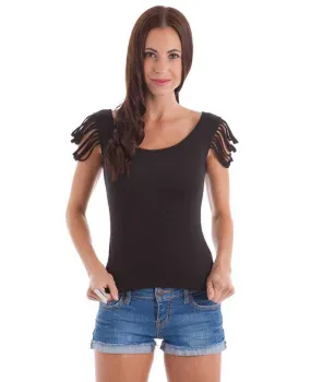 Black Multi-Strips Fringe Cap Sleeve Scoop Back Top