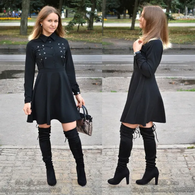 Black Sexy Lace Up Autumn Casual A-Line Button Lapel Gothic Mini Dress