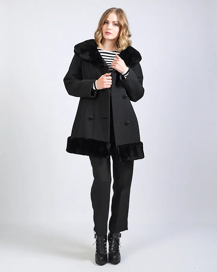 Black Sheared Fur   Wool Coat