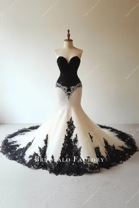 Black White Lace Strapless Trumpet Gothic Wedding Dress