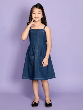 Blue Denim Fit And Flared Smocking Dress