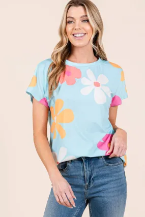 Blue Floral Crew Neck Top