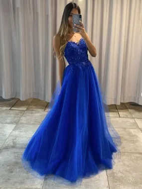 Blue tulle lace long prom dress, blue tulle lace evening dress