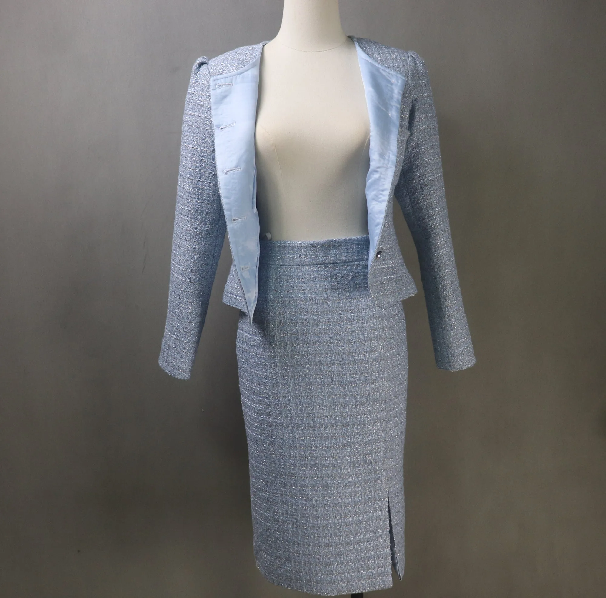 Blue Tweed Long Skirt Suit with a Flower Belt