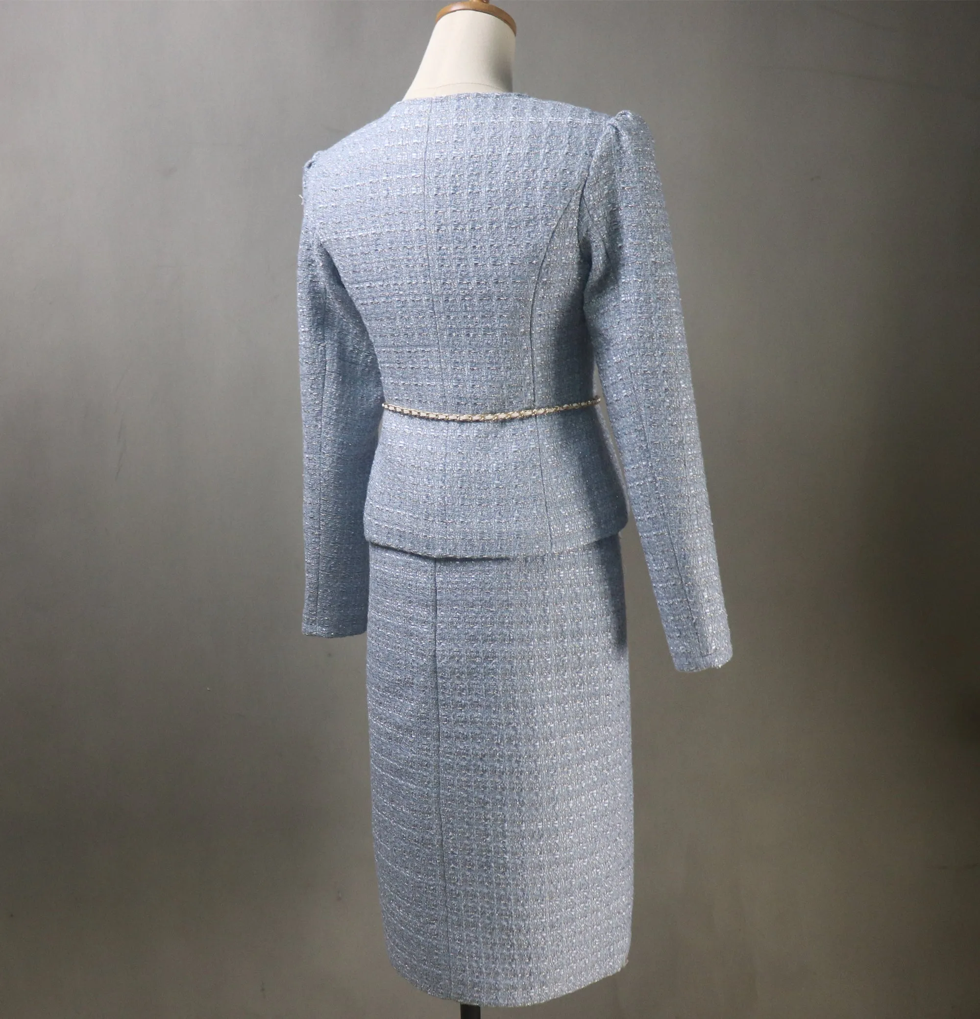 Blue Tweed Long Skirt Suit with a Flower Belt