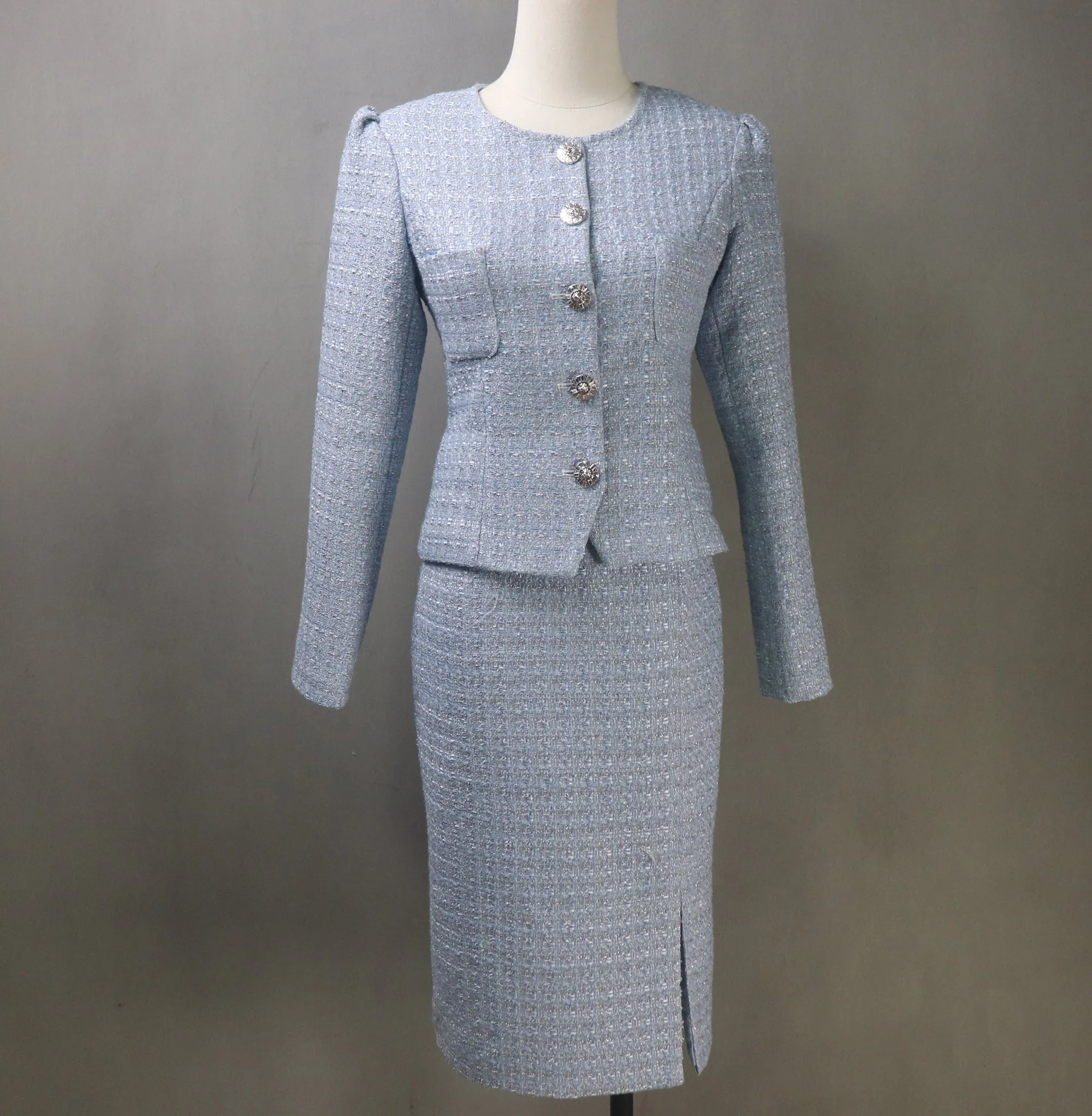 Blue Tweed Long Skirt Suit with a Flower Belt