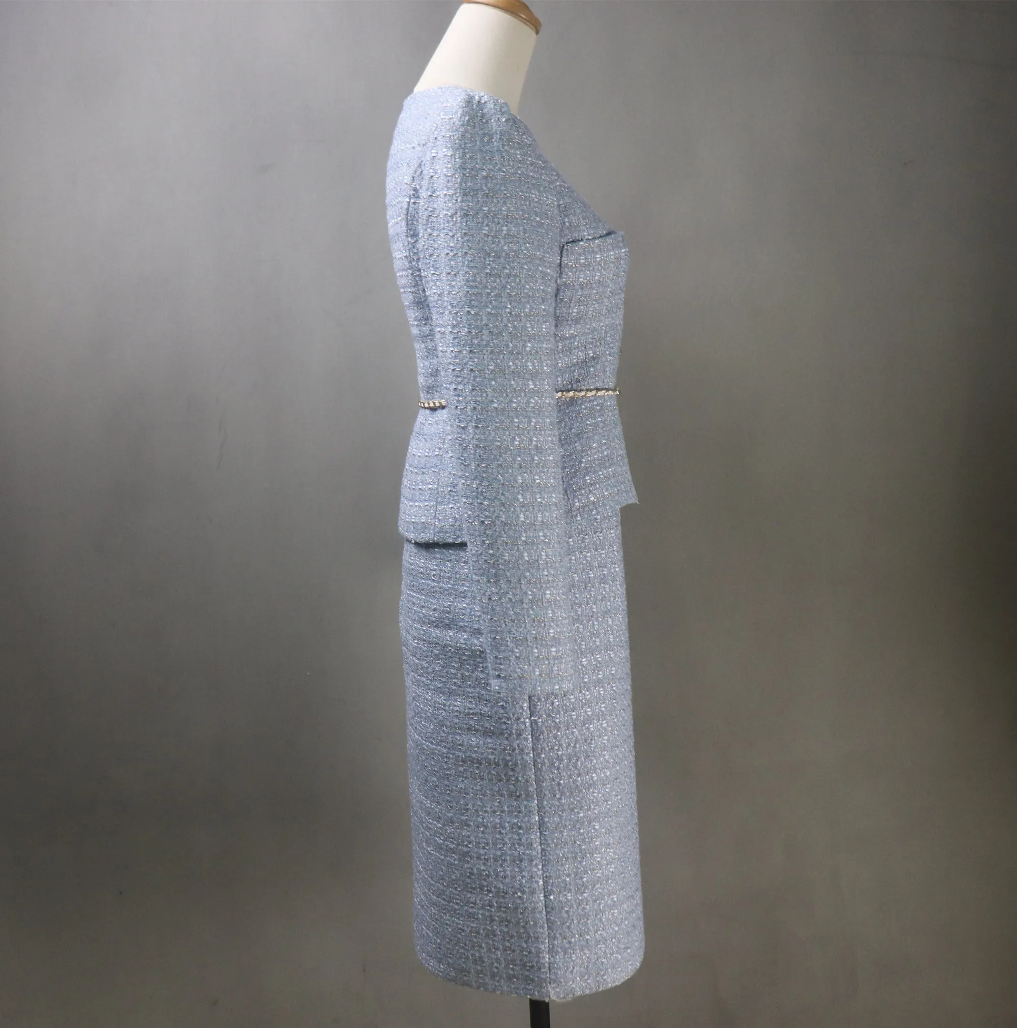 Blue Tweed Long Skirt Suit with a Flower Belt