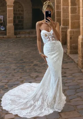 Boho Wedding Dress Sweetheart Sleeveless Mermaid Lace Bridal Dress with Train